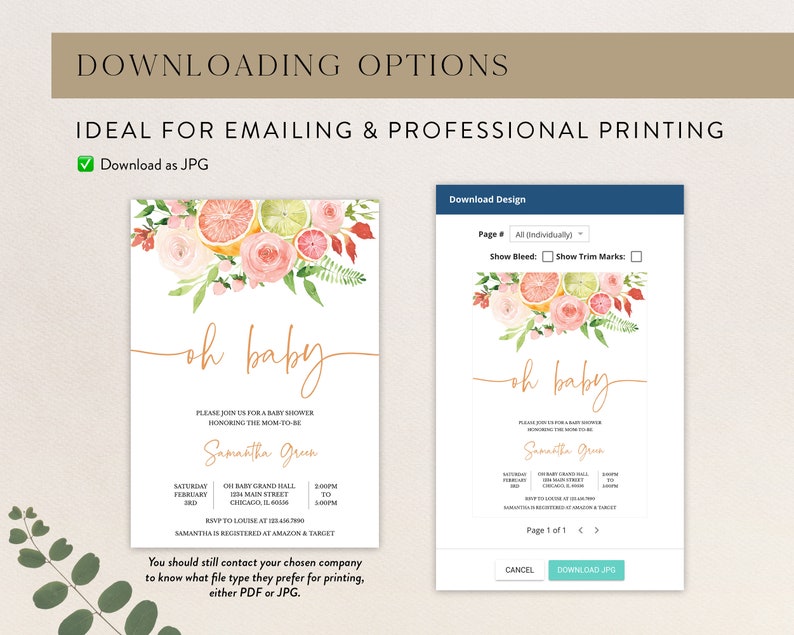 May include: A baby shower invitation with watercolor floral and citrus fruit illustrations. The invitation features the words "oh baby" in elegant script, along with event details and RSVP information. The design is available for download as a JPG.