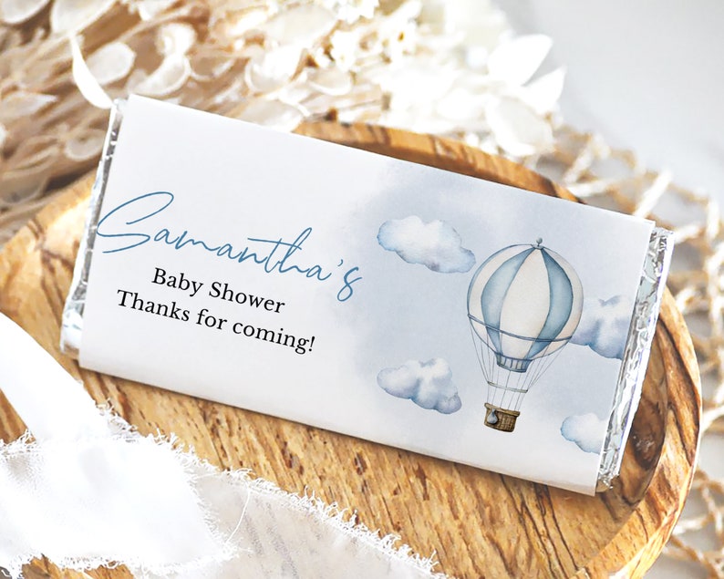Editable Adventure Awaits Baby Shower Chocolate Wrapper, Blue Hot Air ...