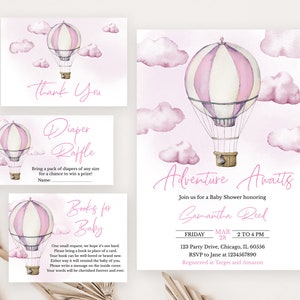 Editable Adventure Awaits Baby Shower Invitation Bundle, Pink Hot Air Balloon Baby Shower Invite, Girl Adventure Awaits Baby Shower, BBS318