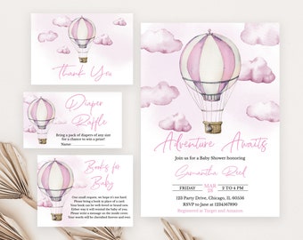 Editable Adventure Awaits Baby Shower Invitation Bundle, Pink Hot Air Balloon Baby Shower Invite, Girl Adventure Awaits Baby Shower, BBS318