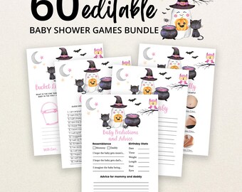 May include: A bundle of 60 editable baby shower game cards featuring a Halloween theme with illustrations of a ghost wearing a witch hat, a black cat, a pumpkin, an owl, and a cauldron. The text reads 60 editable BABY SHOWER GAMES BUNDLE.