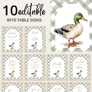 May include: Ten printable 8x10 inch table signs featuring a watercolor illustration of a duck. The signs include text such as "Babies are sweet", "Books & Gifts", "Diaper Raffle", "Don't Say Baby", "Drinks", "Mom-to-be Address", "Food", "Favors", "Late Night Snacks", and "Mommy Bar".