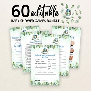 May include: A bundle of 60 editable baby shower game cards featuring a watercolor illustration of a blue dinosaur hatching from an egg, surrounded by green tropical leaves. The cards include titles like Baby Predictions and Advice and Guess Who.