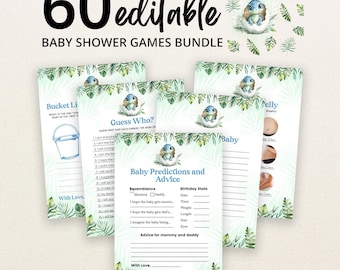 May include: A bundle of 60 editable baby shower game cards featuring a watercolor illustration of a blue dinosaur hatching from an egg, surrounded by green tropical leaves. The cards include titles like Baby Predictions and Advice and Guess Who.