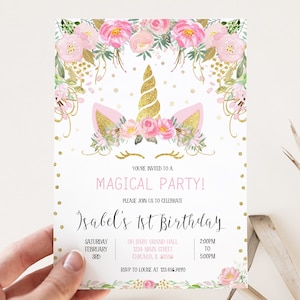 Faire-part d'anniversaire licorne modifiable, invitation anniversaire licorne florale, modèle d'invitation d'anniversaire licorne florale or rose, BRT092