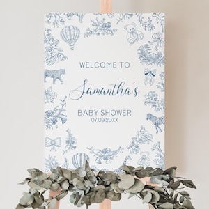 Editable Boy Blue Chinoiserie Safari Baby Shower Welcome Sign, French Toile Jungle Baby Shower Poster, Toile De Jouy Decor, BBS1032