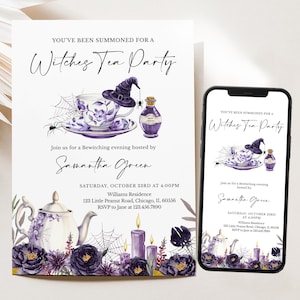 May include: A witch-themed invitation for a tea party. The invitation features a teacup, witch hat, and potion bottle in purple and white. The text reads "You've been summoned for a Witches Tea Party" and includes event details.