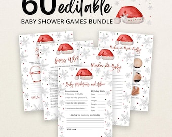 May include: A bundle of 60 editable baby shower game cards featuring a Christmas theme with red Santa hats and grey snowflakes. The cards include titles like Guess Who, Wishes for Baby, and Baby Predictions and Advice with lines for writing.