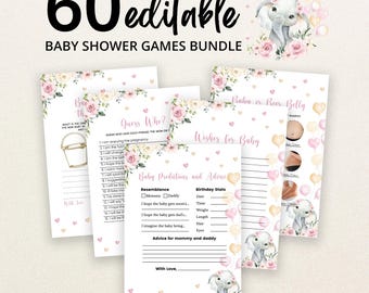 May include: A bundle of 60 editable baby shower game cards featuring watercolor illustrations of a baby elephant, pink roses, and floating hearts. The cards include titles like Guess Who, Wishes for Baby, and Baby Predictions and Advice.