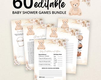 May include: A bundle of 60 editable baby shower game cards featuring a beige teddy bear illustration, floral accents, and black text. The cards include titles like Guess Who, Baby Predictions and Advice, and Bucket List with blank lines.
