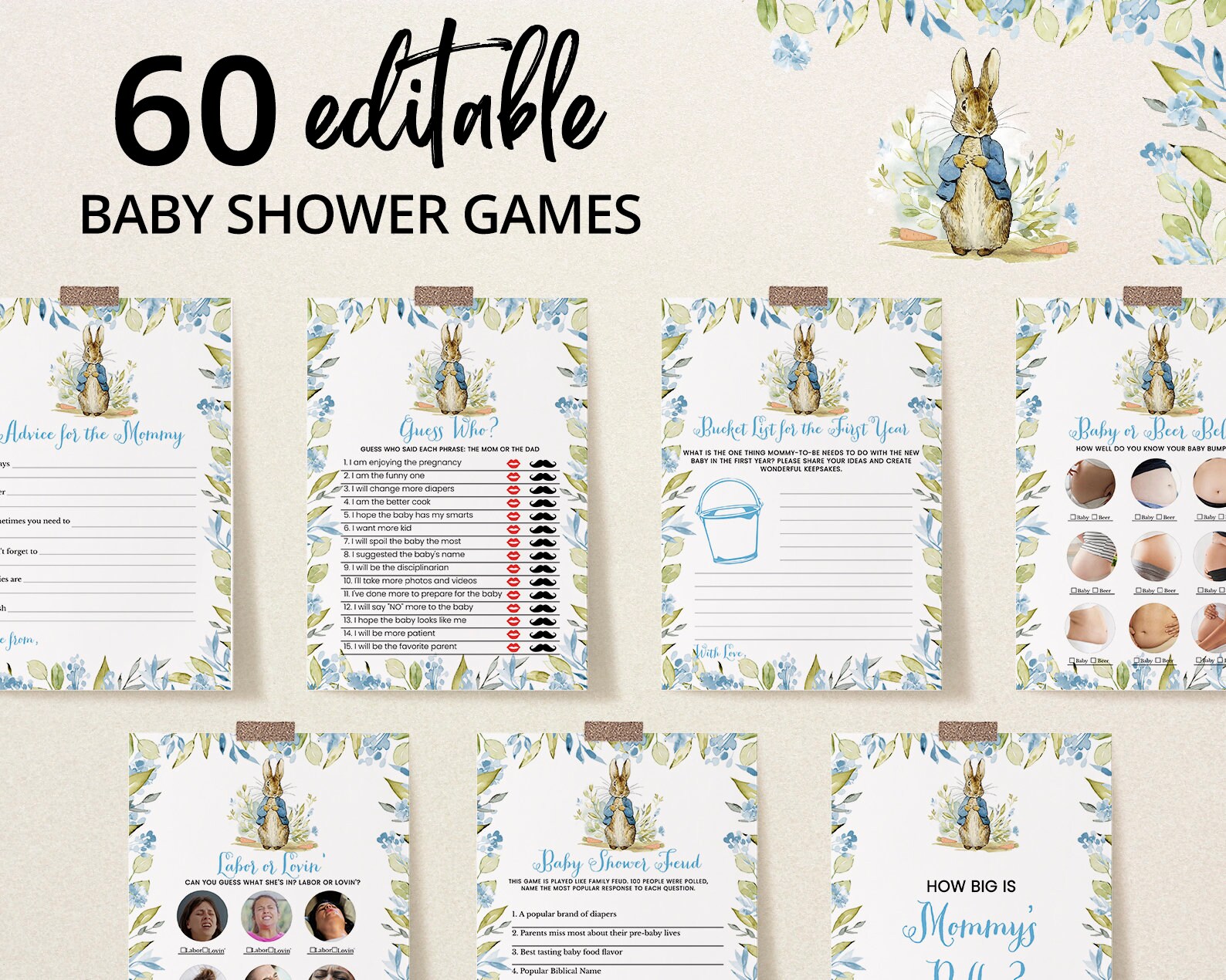 Editable Peter Rabbit Baby Shower Game Bundle Blue Peter - Etsy