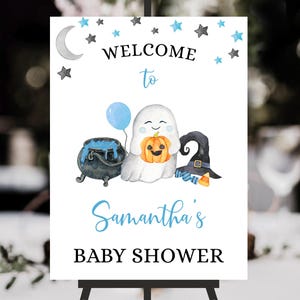 Editable Blue A Little Boo Baby Shower Welcome Sign, Boy Halloween Baby Shower Poster, Ghost Halloween Baby Shower Decoration, BBS422