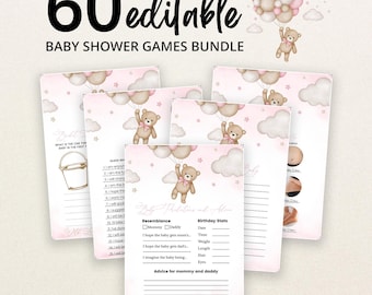 May include: A bundle of 60 editable baby shower game cards featuring a watercolor teddy bear holding a bunch of pink and beige balloons, clouds, and stars. The cards include text for baby predictions, advice, and various game prompts on pink backgrounds.
