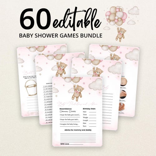 Editable Brown Bear Balloon Baby Shower Game Bundle, We Can Bearly Wait Baby Shower Game Pack, Pink Boho Bear Girl Baby Shower Games, BBS389
