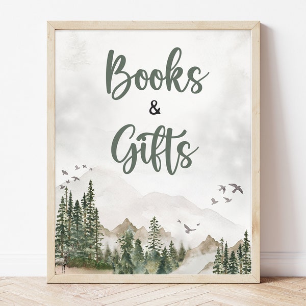 Books and Gifts Sign Let the Adventure Begins Gender Neutral Baby Shower, Forest Baby Shower Gifts Table Sign, Pine Tree Decor, BBS468