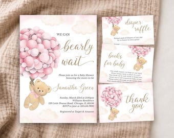 Puede incluir: Un set de invitaciones para baby shower con un osito de peluche marrón claro sosteniendo un gran racimo de globos rosas. El texto dice We can bearly wait, Samantha Green, 23 de marzo, e incluye tarjeta de rifa de pañales, libros y agradecimiento.