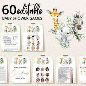 Paquete editable de juegos de baby shower Oh Boy Safari Animals, paquete de juegos de baby shower Safari Jungle, juegos de baby shower Greenery Wild One, BBS825
