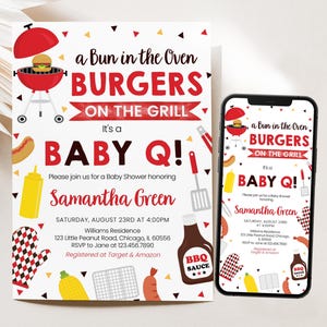 Editable BBQ Baby Shower Invitation, Backyard Baby Shower Invite, Baby-q Baby Shower, Bun in the Oven and Burger on the Grill, BBS1039