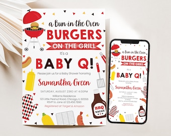 Editable BBQ Baby Shower Invitation, Backyard Baby Shower Invite, Baby-q Baby Shower, Bun in the Oven and Burger on the Grill, BBS1039
