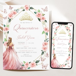 Editable Blush Pink and Gold Quinceañera Invitation, Butterfly Floral Birthday Invite, Floral Mis Quince Anos, Princess Quince Invite BRT342