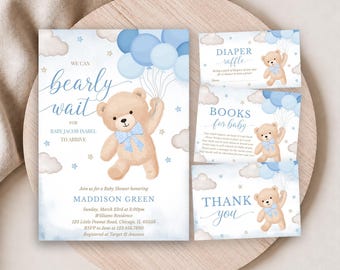 Peut inclure: Un ensemble de faire-part de baby shower avec un ours en peluche marron clair portant un nœud papillon bleu à pois, des ballons bleus et des nuages. Le texte indique We can bearly wait for Baby Jacob Isabel to arrive, honorant Maddison Green.