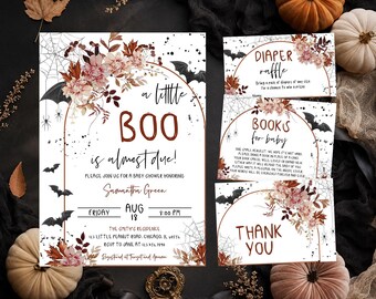 Editable Floral A Little Boo Baby Shower Invitation Bundle, Girl Halloween Baby Shower Invite, Bats Halloween Baby Shower Arc Invite, BBS768