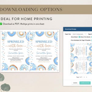 May include: Printable baby shower invitation with a blue and gold donut theme. The invitation says "Sprinkled with love" and includes the text "Please join us for a baby shower honoring Samantha Green".