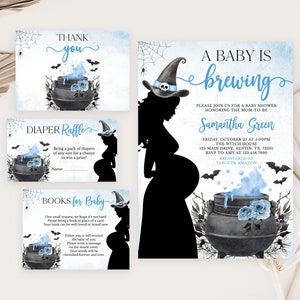 Editable A Baby is Brewing Blue Halloween Baby Shower Invitation Bundle, Boy Halloween Baby Shower Invite, Witch Baby Shower, BBS430