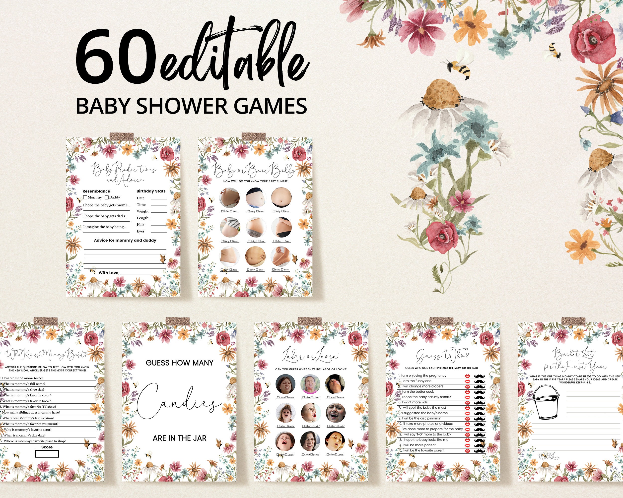 Editable A Little Wildflower Baby Shower Game Bundle, Baby in Bloom Baby Shower Game Pack, Spring Flowers Baby Shower Games, BBS609