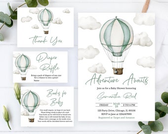 May include: A baby shower invitation with a watercolor illustration of a hot air balloon with green and white stripes. The text reads "Adventure Awaits" and includes the details for the shower, including the date, time, location, and RSVP information. The invitation also includes the text "Join us for a Baby Shower honoring Samantha Reed".