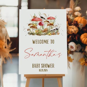 Letrero de bienvenida para baby shower con forma de hongo pequeño editable, póster para baby shower con forma de hongo del bosque, decoración minimalista para baby shower con forma de hongo, BBS886