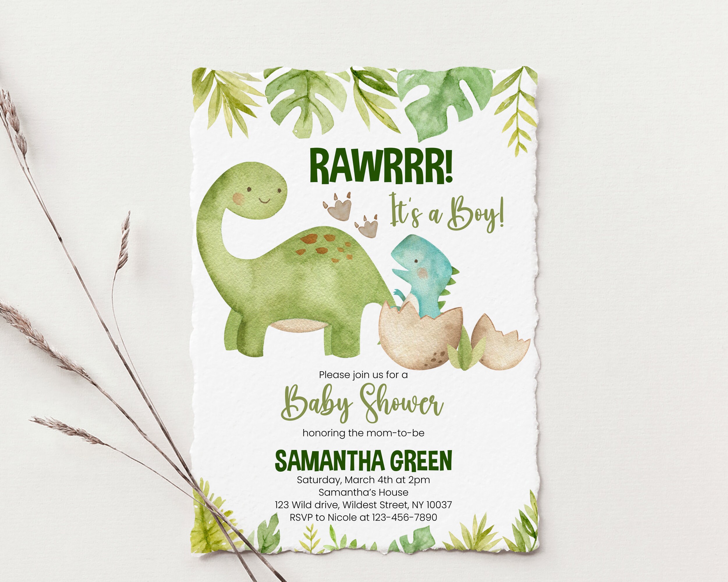 Invito baby shower con dinosauri boho, invito modificabile It's a boy dino baby sprinkle, modello stampabile per futura mamma, primo compleanno
