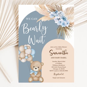 Editable We Can Bearly Wait Boy Baby Shower Invitation, Balloon Bear Baby Shower Invite, Boho Bear Baby Shower Invite, Boy Bear, BBS377