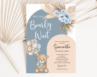 Bearbeitbar Wir können Bären-Babyparty-Einladung warten, Ballon-Bär-Babyparty-Einladung, Boho Bär-Babyparty-Einladung, Jungen-Bär, BBS377