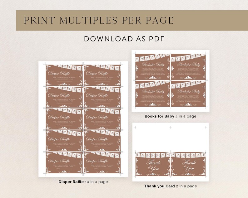 May include: A digital printable template set featuring brown cards with white text and bunting graphics. The layout includes ten Diaper Raffle cards per page, four Books for Baby cards per page, and two Thank You cards per page, all in PDF format.