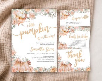 May include: A baby shower invitation set featuring watercolor pumpkins, orange flowers, and eucalyptus leaves. The text includes a little pumpkin is on the way, diaper raffle, books for baby, and thank you, with event details for Samantha Green.