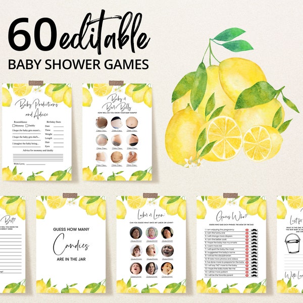 Editable Lemon Baby Shower Games Bundle, Lemon Gender Neutral Baby Shower Games, Mimosa Bar Sign Lemon Game Bundle, Lemon Theme, BBS295