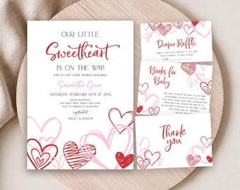 May include: A white baby shower invitation set featuring red and pink hand-drawn heart illustrations. The main card reads Our Little Sweetheart Is On The Way, with event details for Samantha Greer. Includes matching diaper raffle, book, and thank you cards.