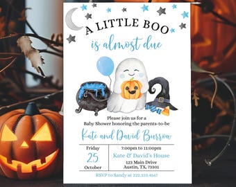 May include: A Halloween-themed baby shower invitation with a ghost holding a pumpkin and a blue balloon. The text reads "A Little Boo is almost due" and includes event details for Kate and David Burrow.