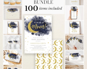 Puede incluir: Un paquete para baby shower con 100 artículos con un tema de luna y estrellas en acuarela azul marino y purpurina dorada. El conjunto incluye invitaciones, adornos para cupcakes, etiquetas, carteles y tarjetas de juego con el texto We Are Over The Moon.