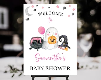 Editable Pink A Little Boo Baby Shower Welcome Sign, Girl Halloween Baby Shower Welcome Poster,Pink Ghost Halloween Baby Shower Decor,BBS338