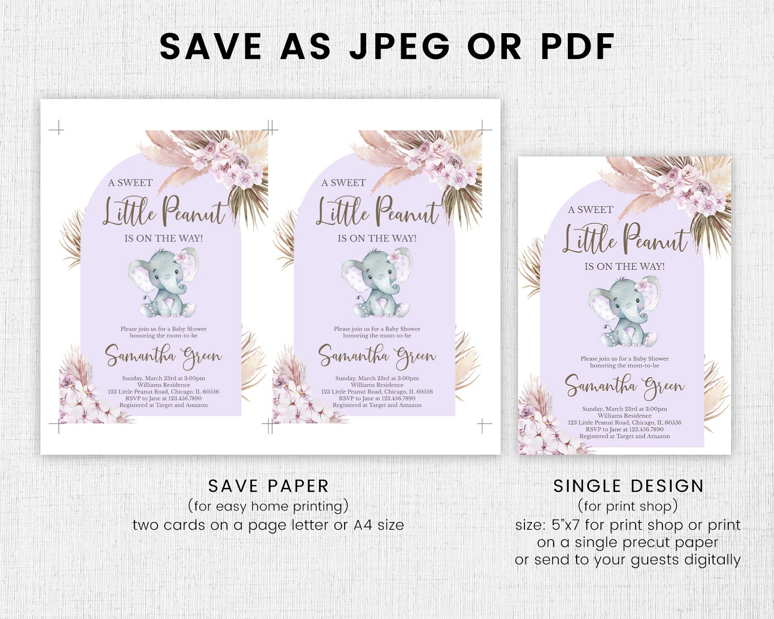 Editable Boho Elephant Baby Shower Invitation Bundle Girl Etsy