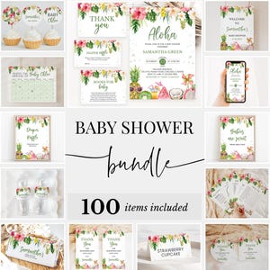 Editable Girl Aloha Hawaiian Baby Shower Bundle, Tropical Fruits Shower Invitation Pack, Aloha Floral Pineapple Shower Games Package, BBS682