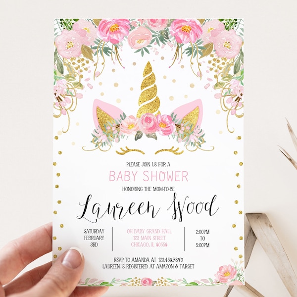 Editable Unicorn Baby Shower Invitation, Floral Unicorn Baby Shower Invite, Pink Gold Floral Unicorn Baby Shower Invitation Template, BBS132