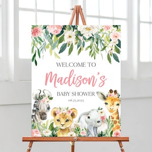 Bearbeitbar Ein kleines wildes Mädchen-Dschungel-Babyparty-Willkommensschild, Grünblumen-Safari-Dschungeltiere-Duscheplakat, Safari-Dekor BBS475
