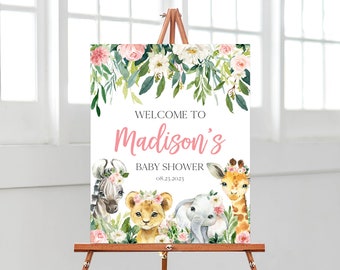 May include: Welcome to Madison's Baby Shower sign with a floral border and watercolor illustrations of a zebra, lion, elephant, and giraffe wearing flower crowns.