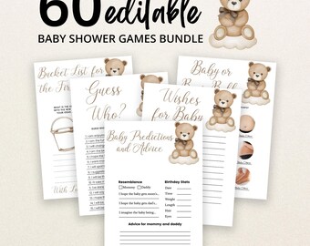 Op de afbeelding: Een bundel van 60 bewerkbare babyshower-spelkaarten met aquarelillustraties van teddyberen. De kaarten bevatten titels zoals Bucket List for the First, Guess Who, Wishes for Baby en Baby Predictions and Advice met lege invullijnen.