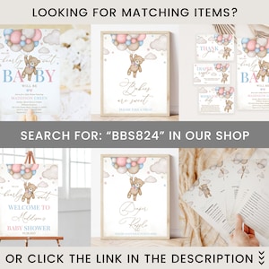 May include: A set of printable baby shower decorations featuring a teddy bear holding balloons. The decorations include a welcome sign, a diaper raffle sign, a thank you sign, and a baby shower invitation. The color scheme is pink and blue.