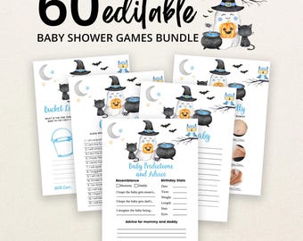 Op de afbeelding: Een bundel van 60 bewerkbare babyshower-spelkaarten met aquarelillustraties van een geest met een heksenhoed, een zwarte kat, een pompoen en een uil. De kaarten bevatten tekst voor babypredicties, advies en verlanglijstjes met lijnen.