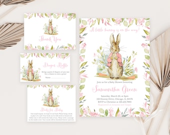 May include: A pink and green baby shower invitation with a watercolor illustration of a bunny rabbit. The invitation reads "A little bunny is on the way!" and includes the name Samantha Green, the date and time of the shower, the address, and RSVP information. The invitation also includes the text "Registered at Amazon and Target".